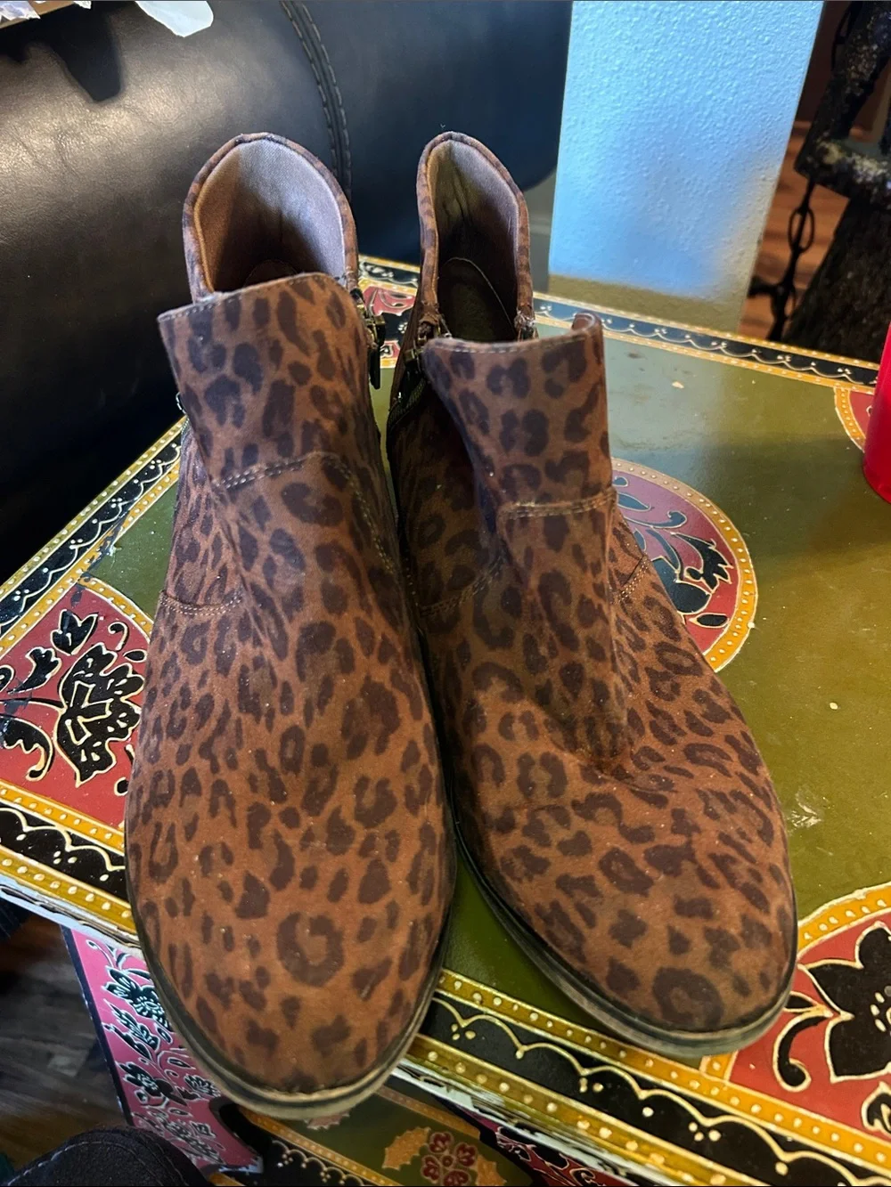 Women's Leopard Print Suede Ankle Boots - Brown